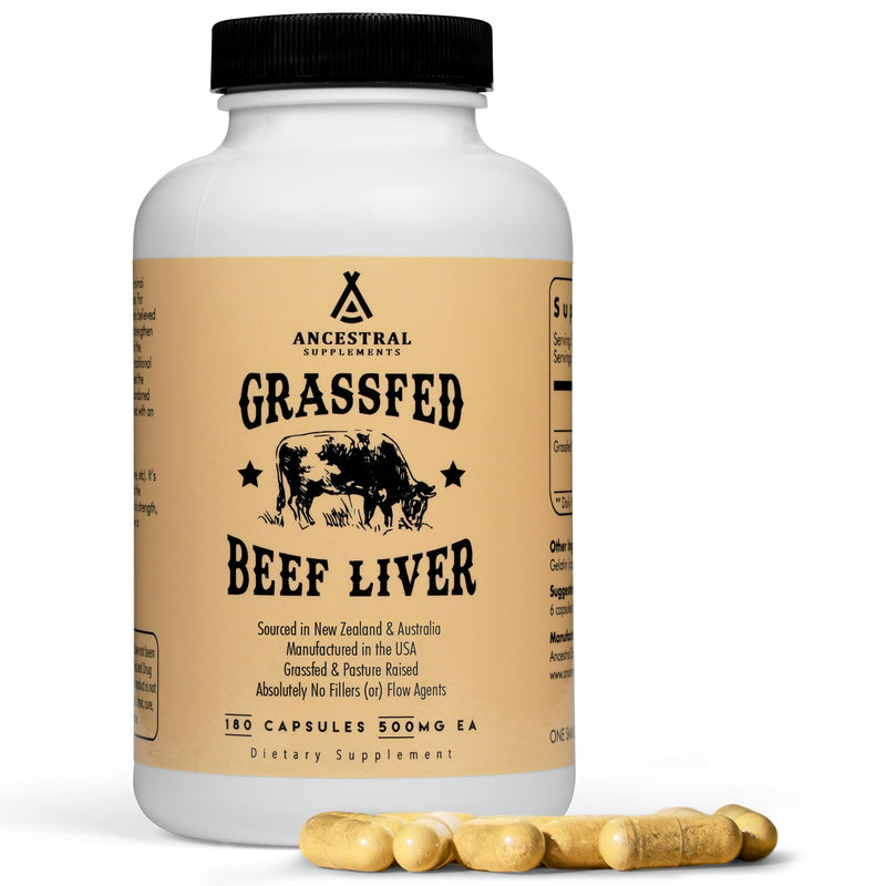 Ancestral Supplements Beef Liver Support Capsules, Iron & Energy, 180 Ct | Freeze-dried, Non-GMO Liver Rich in Heme Iron, Vitamin A & B12; Grass-fed, Desiccated, Vital Liver Support, Natural Liver