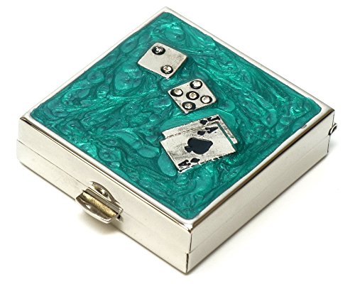9339 Square Small Pill Box Organizer Aqua Green Silver Dice & Cards Women Travel Pill Case Purse Pocket Container Daily Portable Medicine Vitamin Box Medication Supplement Mini Storage Green (9339)