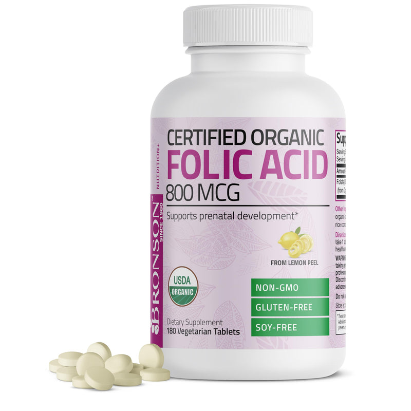 Bronson Folic Acid 800 mcg, USDA Certified Organic, 180 Tablets | From Whole Lemon Peel Extract, Prenatal Development Support, Vegetarian, Non-GMO, Gluten-Free & Soy-Free Unflavored 180 Count (Pack of 1)