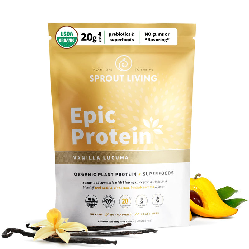 [Australia] - Sprout Living Epic Protein, Plant Based Protein & Superfoods Powder, Vanilla Lucuma Powder | 20 Grams Organic Protein Powder, Vegan, Non Dairy, Non-GMO, Gluten Free, Low Sugar (1 Pound, 12 Servings) 1 Pound (Pack of 1) 