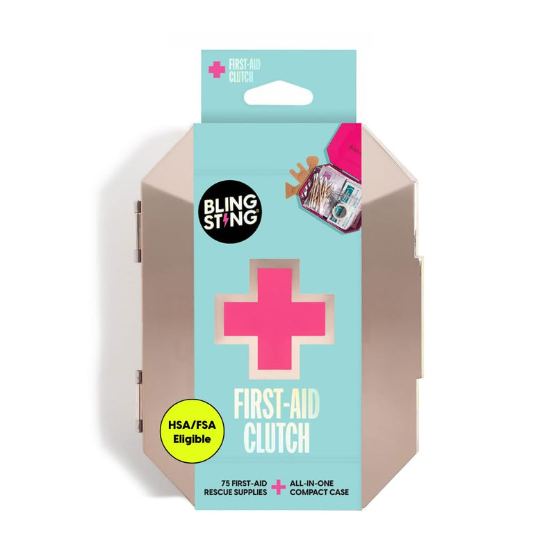 [Australia] - BLINGSTING First Aid Kit - 75 Essential First-aid Supplies, Bandages, Wipes, Gold Travel Case - Multipurpose Mini Emergency Kit for Women - Pink Interior - Compact & Versatile - TSA Approved (1 Count) 