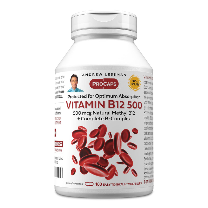 ANDREW LESSMAN ProCaps Vitamin B12 500 mcg with B-Complex 180 Capsules | Absorption-protected Methylcobalamin with B-Complex supports energy, brain, heart and nervous system health. 180 Count (Pack of 1)