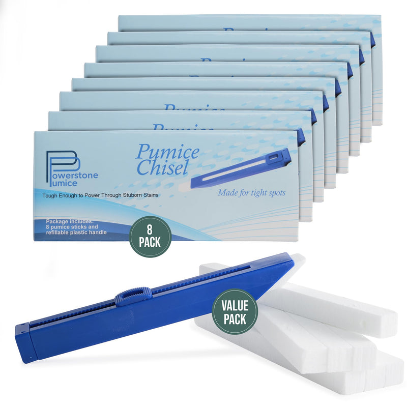 [Australia] - Powerstone Pumice Long Lasting Chisel Sticks - 8 Pack | Refillable Case with 8 Scouring Sticks to Remove Stains, Limescale & Carbon Buildup from Stoves, Ovens, BBQ Grills, Sinks, Tiles, Toilets & More 