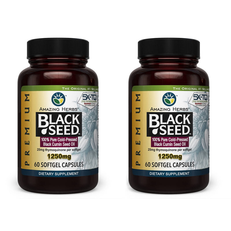 [Australia] - Amazing Herbs Premium Black Seed Oil Capsules - High Potency, Cold Pressed Nigella Sativa Aids in Digestive Health, Immune Support & Brain Function - 60 Count, 1250mg (Pack of 2) 60 Count (Pack of 2) 