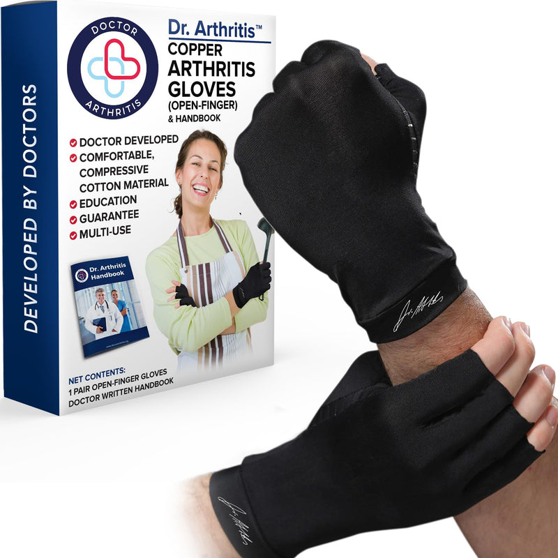 [Australia] - Dr. Arthritis Copper Arthritis Compression Gloves for Women and Men, Carpal Tunnel Gloves, Hand Brace for Arthritis Pain Black (Open Finger) Medium 