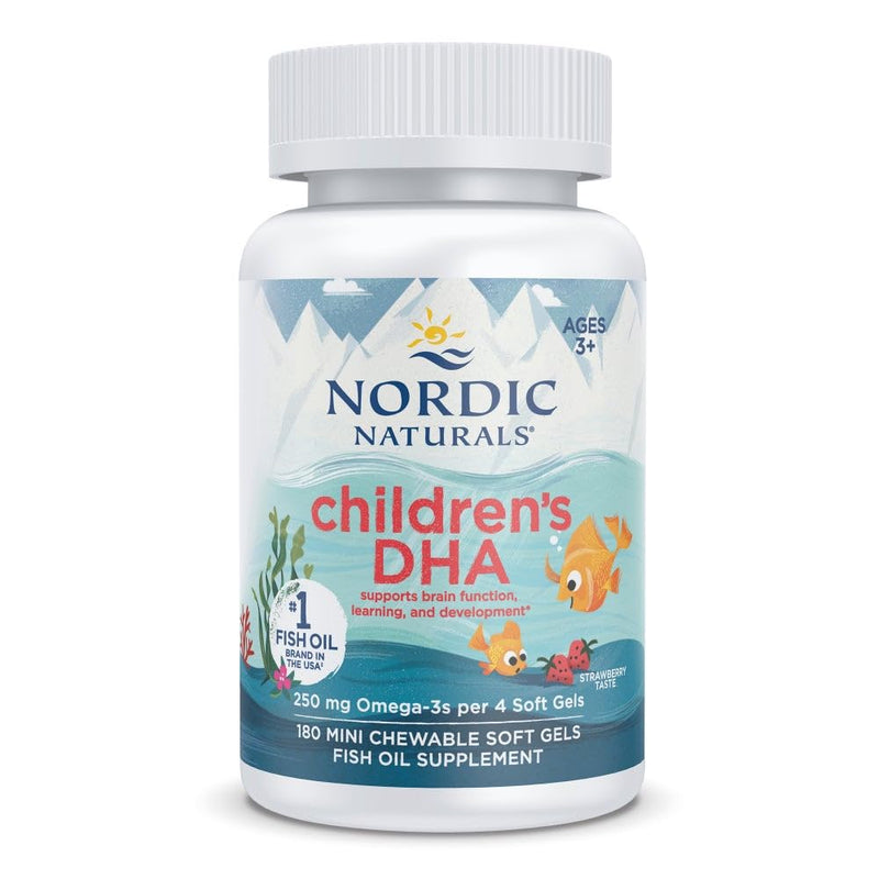 Nordic Naturals Children’s DHA, Strawberry - 180 Mini Chewable Soft Gels for Kids - 250 mg Omega-3 with EPA & DHA - Brain Development & Function - Non-GMO - 45 Servings | 250mg EPA+DHA per serving. Brain development & function for ages 3-6. Mini strawb...
