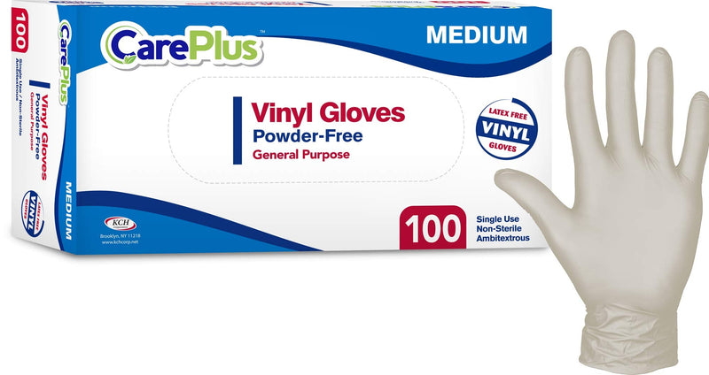 [Australia] - Care Plus Medium Size Disposable Vinyl Gloves Heavy Duty Non Sterile Powder Free Latex Free Rubber 100 Count Box food Safe 