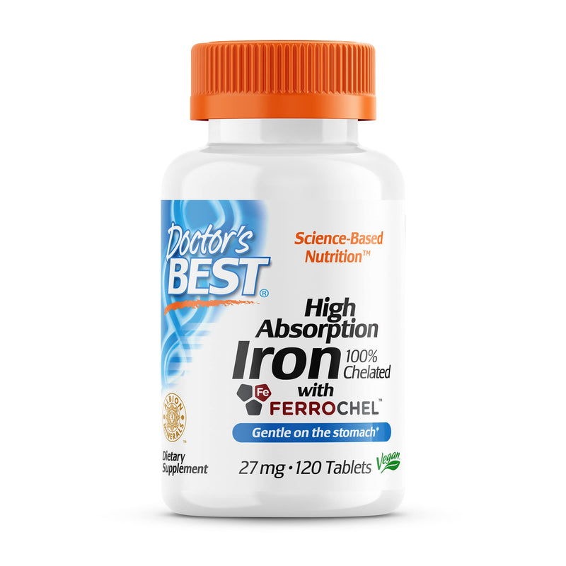 [Australia] - Doctor's Best High Absorption Iron Tablet with Ferrochel, Gentle on The Stomach, Immune Health, Blood Health, 27 mg 120 Count (Pack of 1) 