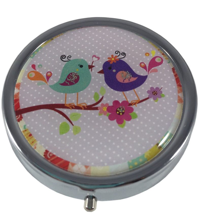 Purple Little Birdies Silver Pill Box – Round 3-Compartment Metal Pill Organizer, Compact 2-Inch Travel Pill Case for Purse or Pocket