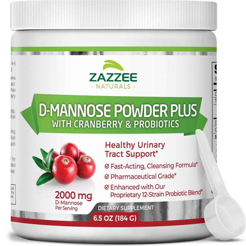 [Australia] - Zazzee D-Mannose Powder Plus, 2000 mg, 67 Servings, Potent & Fast-Acting, Plus 5 Billion CFU Probiotics and Pure Cranberry Juice Extract, Free Scoop, 6.5 Oz, Vegan, Gluten-Free, Non-GMO, All-Natural 