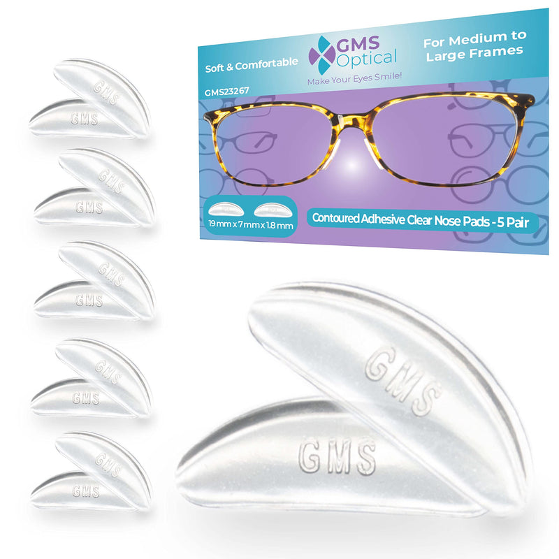 [Australia] - GMS Optical® 1.8mm Reg-Thick/19mm Long - Anti-Slip Adhesive Contoured Silicone Nose Pads for Glasses & Sunglasses (5 Pair-1 Pack)(5 Total Pair)(Clear) Clear 
