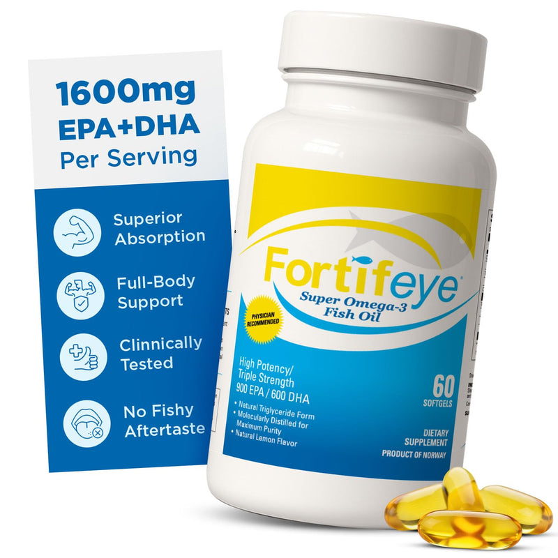 Fortifeye Super Omega-3 Fish Oil - 60 Count - 1600mg EPA + DHA - Triple Strength Ultra-Pure rTG Omega-3 Expertly Concentrated & Purified in Norway from Sustainably Sourced Wild Fish - Lemon Flavor 60 Count (Pack of 1)