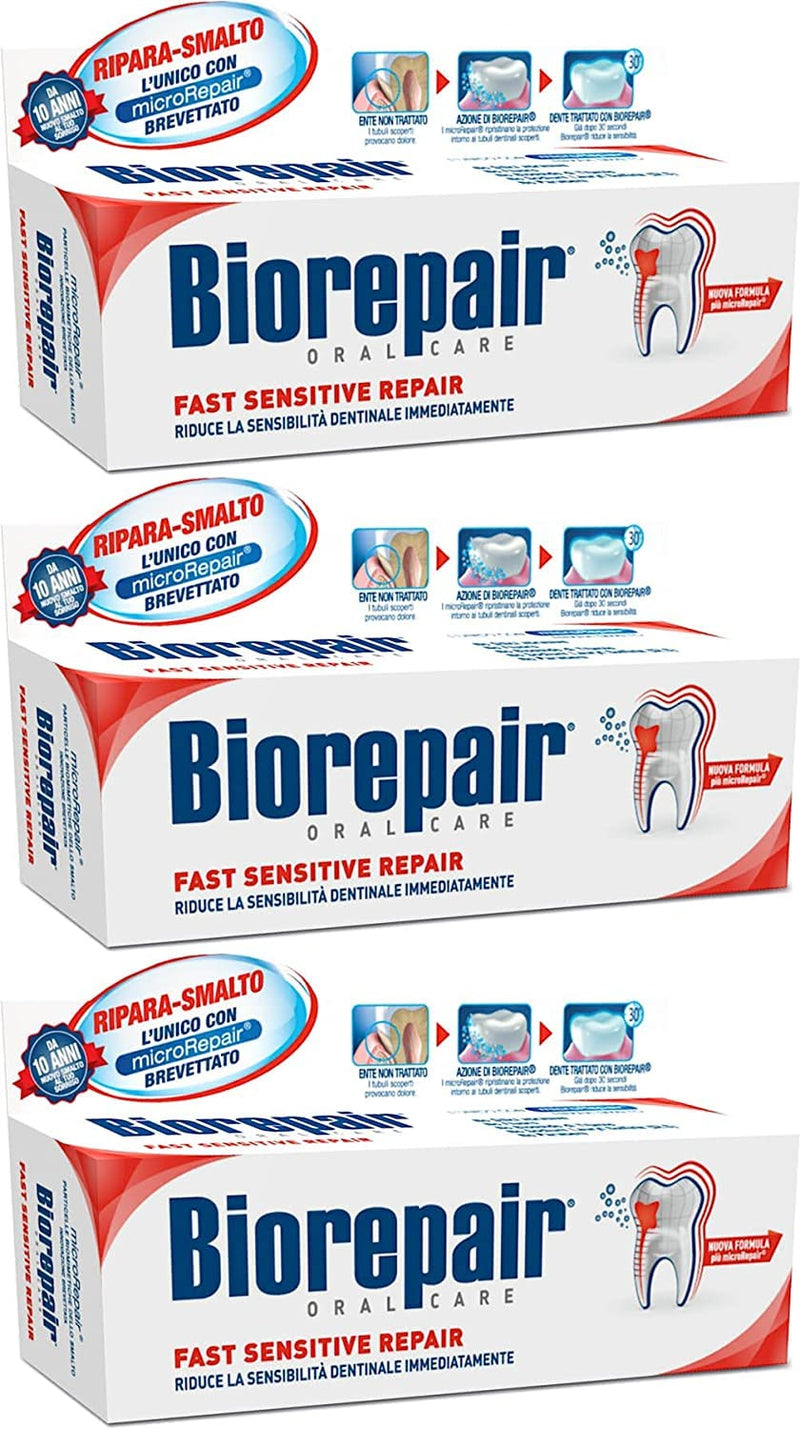 [Australia] - Biorepair: Fast Sensitive Repair Toothpaste with microRepair, New Formula - 2.5 Fluid Ounce (75ml) Tubes (Pack of 3) [ Italian Import ] 