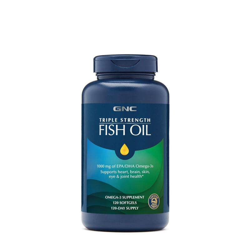 GNC Triple Strength Fish Oil Omega 3 Supplement, 1000mg EPA and DHA, Supports Heart, Brain, Skin, Eye and Joint Health, Burpless, Ultra Concentrated, High Potency, Wild Caught, 120 Softgels 1 Count (Pack of 1)