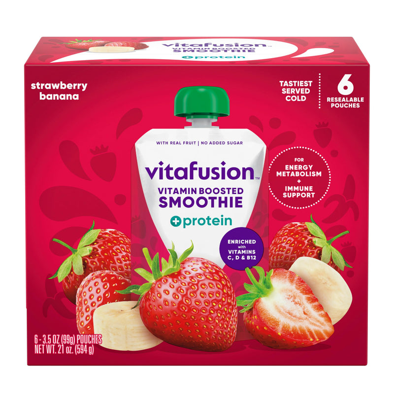 vitafusion Vitamin-Boosted Smoothie +Protein for Energy Metabolism and Immune Support, Strawberry Banana Flavor Excellent Source of Vitamins C, D, and B12, 3.5oz, 6 Count Vitamin Boosted Smoothies +Protein