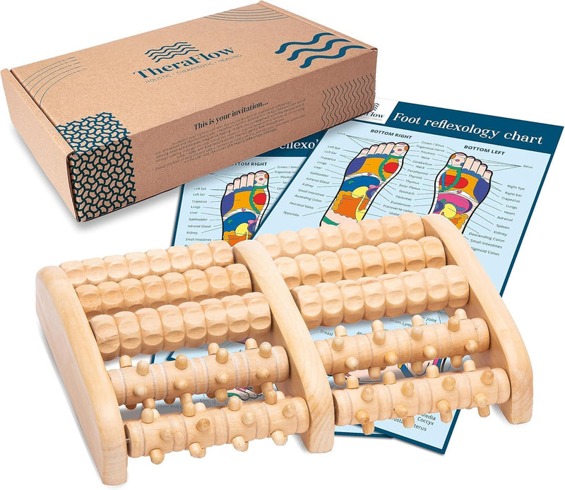 [Australia] - TheraFlow XL Foot Massager for Neuropathy & Plantar Fasciitis Relief - Mom Gifts for Women & Gifts for Dad, Wooden Foot Roller Massager, Neuropathy Pain Relief for Feet (Includes Reflexology Chart) Dual Reflexology 