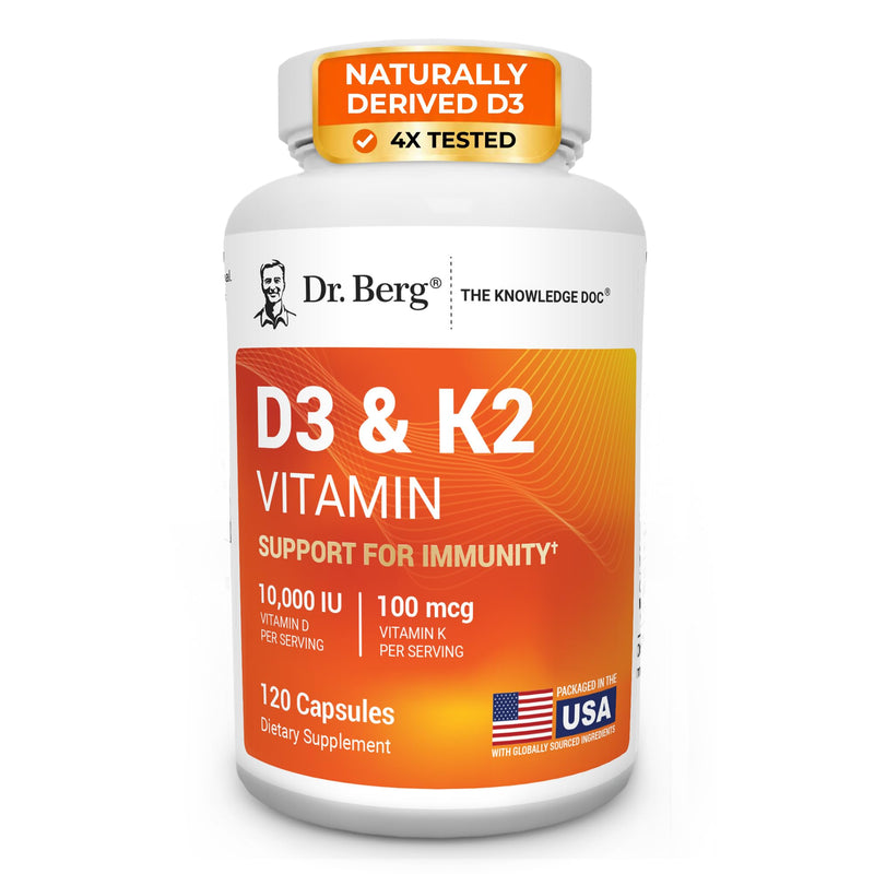 Dr. Berg Maximum Strength 7-in-1 Vitamin D3 K2 10,000 IU | Naturally Derived D3 | 4X Lab-Tested & Verified | High Absorption Formula | K2 D3 Vitamin Supplement | 120 Capsules 120 Count (Pack of 1)