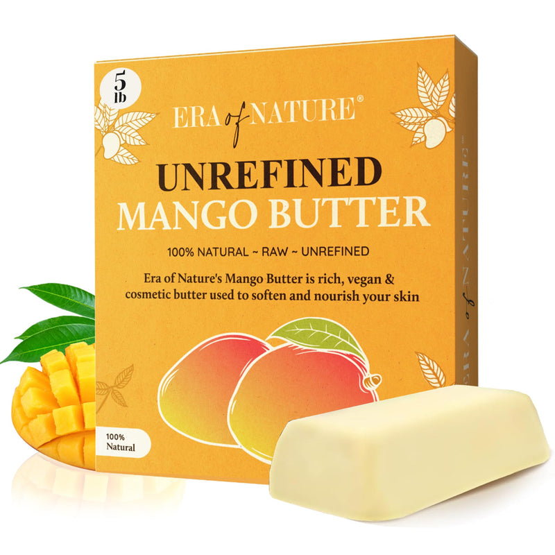 era of nature Organic Unrefined Raw Mango Body Butter Block 8oz - Moisturizing Mango Seed Raw Butter Bar for Skin & Hair, DIY Lip Balm Base, Cream, Soap & Lotion Making Supplies Kit, Personal Skincare 8 Ounce (Pack of 1) Mango Butter