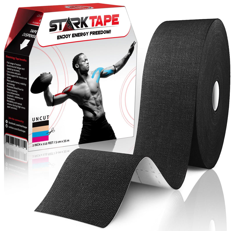 [Australia] - Original Kinesiology Athletic Tape. Professional Sports Tape for Ankle Wrist Knee Shoulder Muscles Joints. Latex Free, Waterproof, Stretchy, and Gentle on Skin. Up to 115 ft/Roll Black - Uncut 
