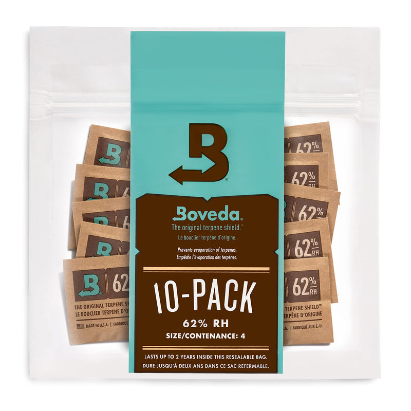 [Australia] - Boveda 62% Two-Way Humidity Control Packs For Storing ½ oz – Size 4 – 10 Pack – Moisture Absorbers for Small Storage Containers – Humidifier Packs – Hydration Packets in Resealable Bag 62% (More Sticky) 