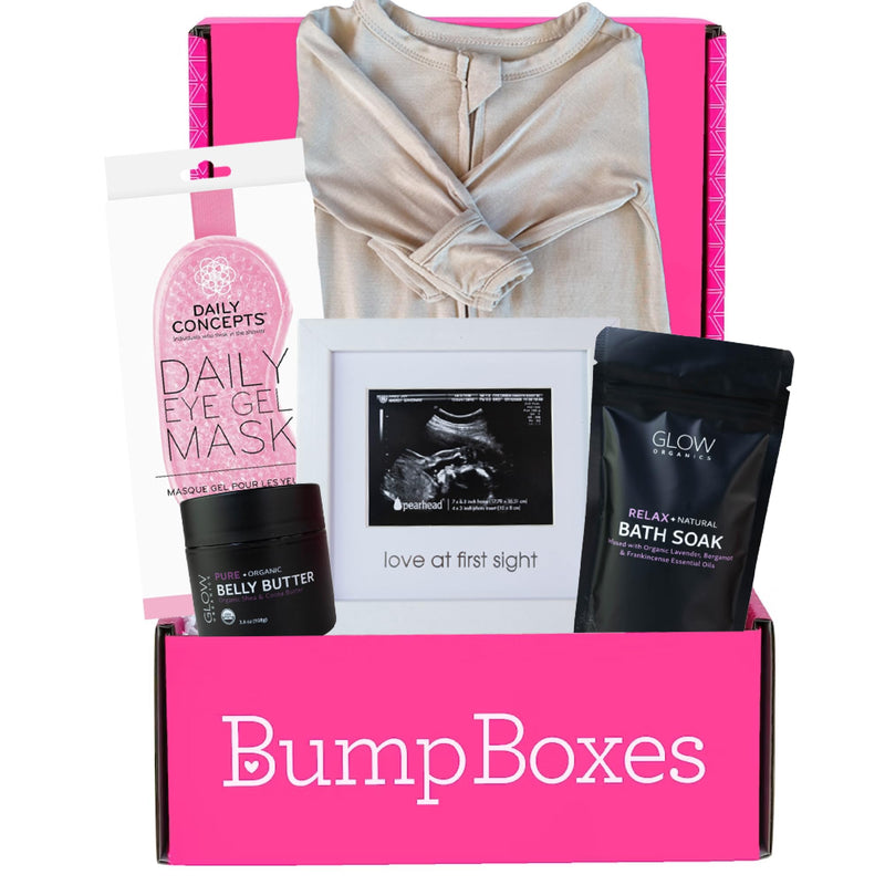 [Australia] - Bump Boxes 2nd Trimester Gift Set, Complete Pregnancy Care Package with Belly Butter, Bath Soak, Baby Footed Sleeper, Sonogram Frame and Eye Mask 