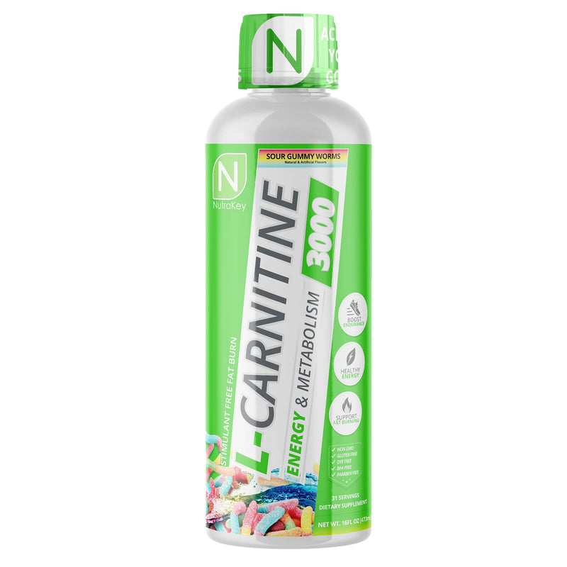[Australia] - NutraKey L-Carnitine 3000mg, No Sugar, Gluten Free, Turn Into Fuel, (Sour Gummy Worms) 31 Servings 