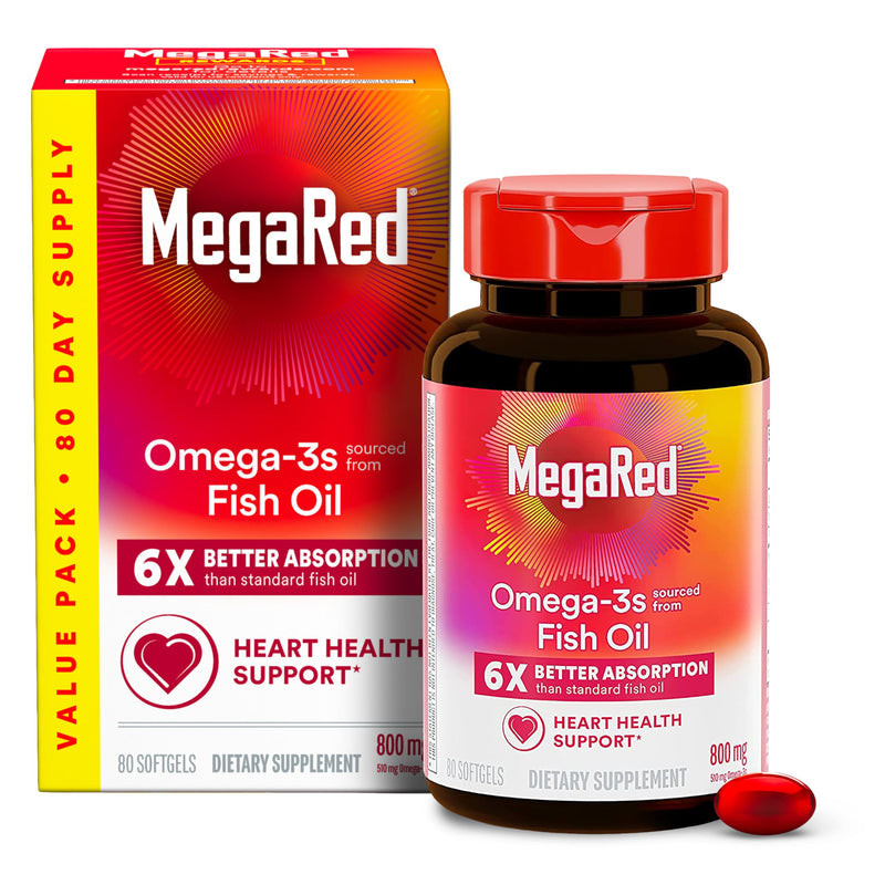 MegaRed Fish Oil 800mg Omega 3 Supplement with EPA & DHA, Supports Heart, Brain, Joint and Eye Health, No Fishy Aftertaste - 80 Softgels (80 Servings) | High Quality Fish Oil, EPA & DHA, 6x absorption, Heart, Brain, Joint & Eye Support, Vanilla scent, ...