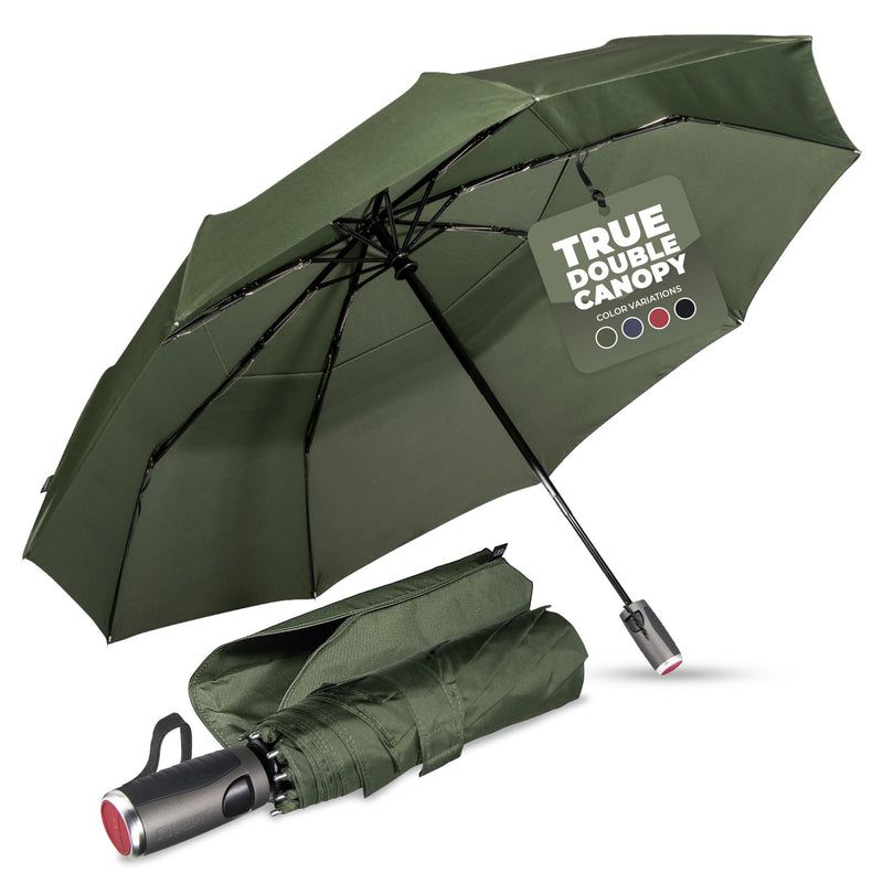 Premium Travel Umbrella - Windproof & Compact for Men & Women, Automatic Open Close, Fits in Purse Laptop Bag or Backpack, Strong Frame for Heavy Rain & Sun UV Protection 45 Inch Green FX2 Double Canopy