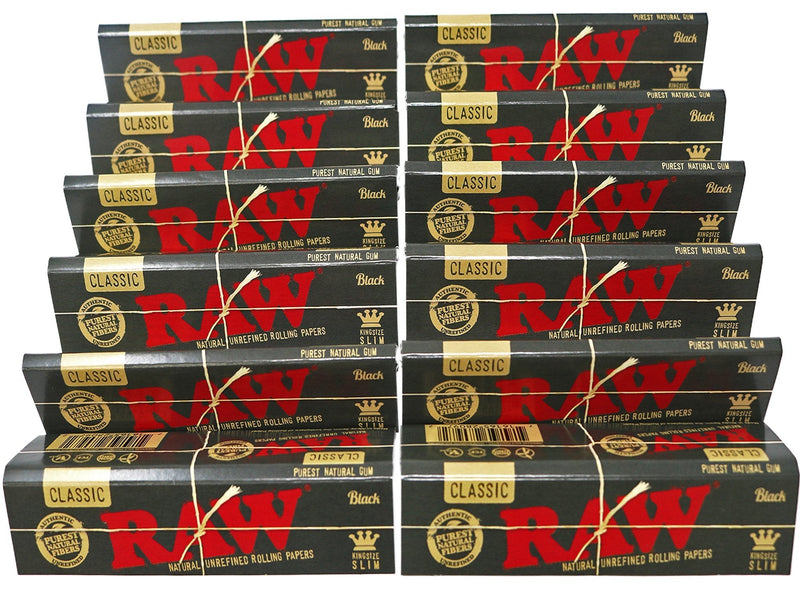 [Australia] - RAW Classic Black King Size Slim Natural Unrefined Ultra Thin 110mm Rolling Papers (12 Packs) 