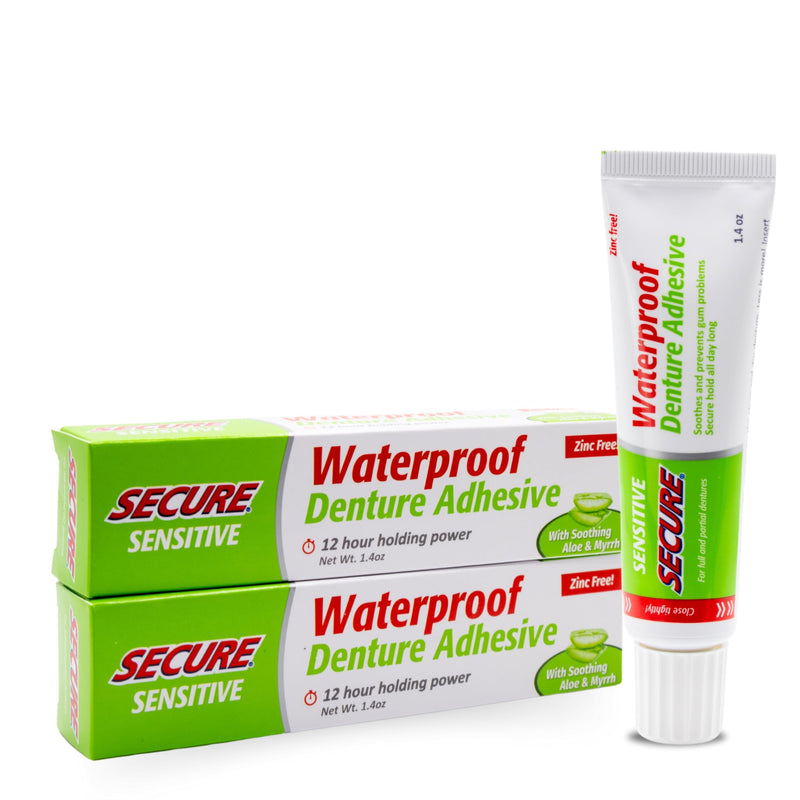 Secure Sensitive Denture Adhesive with Aloe Vera & Myrrh – 12-Hour Max Hold – Patented Waterproof Seal – for All Denture Types – Food Grade Ingredients – 1.4 oz 2