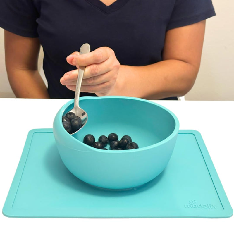 [Australia] - Modaliv 34oz Adult Scooper Bowl with Suction Base – Adaptive Silicone Placemat for Stroke Recovery, Elderly, or Disabled – Microwave & Dishwasher Safe – Non-Slip Feeding Aid (Turquoise) Turquoise 