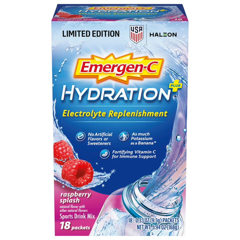 Emergen-C Hydration+ Vitamin C Sports Drink Mix, Raspberry, 18 Packets | Electrolytes for Hydration, 75% Less Sugar, Non-GMO, Vitamin C, Zinc and Manganese, Sports Formula 0.33 Ounce (Pack of 18)