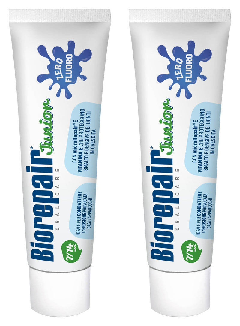 Biorepair: Oral Care Junior 7-14 Years Toothpaste, Fluoride Free, with Mint Extract - 2.53 Fluid Ounces (75ml) Tubes (Pack of 2) [ Italian Import ]