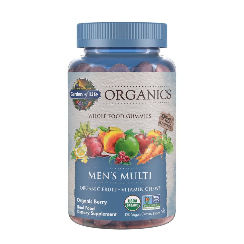 Garden of Life Organics Men's Gummy Vitamins - Berry - Certified Organic, Non-GMO, Vegan, Kosher Complete Multi - Methyl B12, C & D3 - Gluten, Soy & Dairy Free, 120 Real Fruit Chew Gummies 120 Count (Pack of 1)