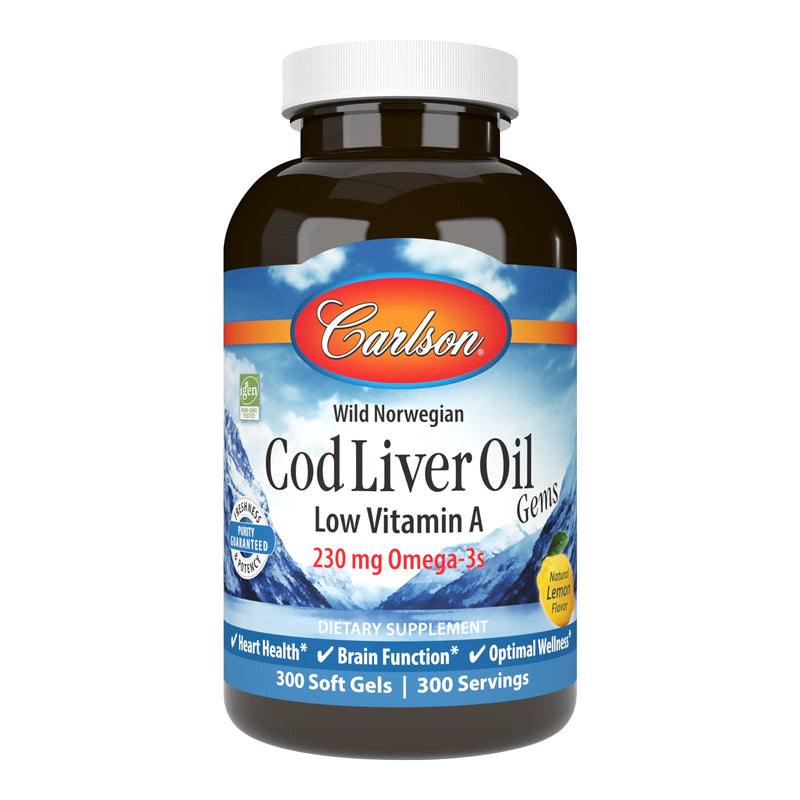 Carlson Cod Liver Oil Gems, Low Vitamin A, 230 mg Omega-3s, 300 Softgels | Norwegian; Wild Caught; Sustainably Sourced 1 Count (Pack of 300)