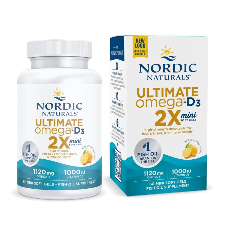 [Australia] - Nordic Naturals Ultimate Omega 2X Mini D3, Lemon Flavor - 1120 mg Omega-3 + 1000 IU Vitamin D3-60 Mini Soft Gels - Omega-3 Fish Oil - EPA & DHA - Promotes Brain & Heart Health - 30 Servings 
