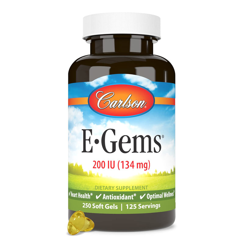Carlson E-Gems 200 IU (134 mg), Natural-Source Vitamin E, 250 Soft Gels | Optimal Wellness 1 Count (Pack of 250)