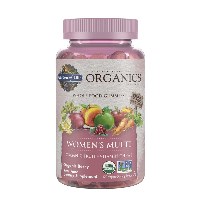Garden of Life Organics Women's Gummy Vitamins - Berry - Certified Organic, Non-GMO, Vegan, Kosher Complete Multi - Methyl B12, C & D3 - Gluten, Soy & Dairy Free, 120 Real Fruit Gummies Organic Berry 120 Count (Pack of 1)