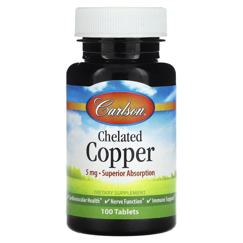[Australia] - Carlson - Chelated Copper, 5 mg, Superior Absorption, Cardiovascular Health, Nerve Function & Immune Support, 100 Tablets 100 Count (Pack of 1) 