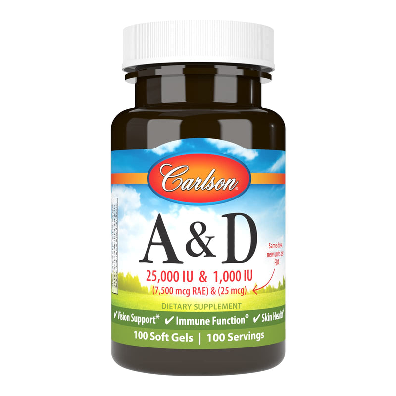 [Australia] - Carlson - A & D, 25000 IU (7500 mcg RAE) Vitamin A, 1000 IU (25 mcg) Vitamin D, Vision Support, Skin Health, 100 Softgels 1 Count (Pack of 100) 
