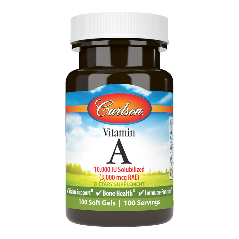 Carlson Vitamin A Solubilized, 10000 IU (3000 mcg RAE), 100 Softgels | Water Soluble; Vision Health 100 Count (Pack of 1)