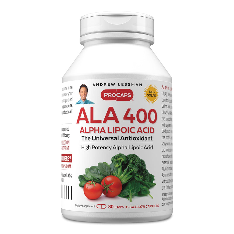Andrew Lessman ProCaps Alpha Lipoic Acid (ALA) 400mg 30 Capsules | Universal antioxidant with Vitamin C. Supports brain, heart and cellular health. Crosses the blood-brain barrier. 30 Count (Pack of 1)