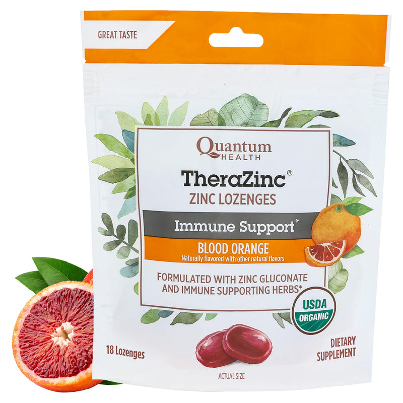 Quantum Health TheraZinc Organic Immune Support Blood Orange, 18 Lozenges | USDA Organic Zinc Gluconate Immune Supplement, Echinacea & Honey, Great Tasting Zinc Lozenges, Adults & Kids