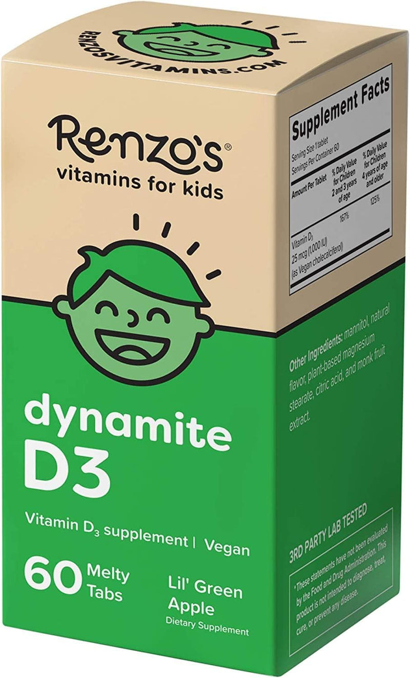 [Australia] - Renzo's Dynamite Vitamin D3 - Dissolving Kids Vitamin D3-60 Sugar-Free Melty Tabs, Lil’ Green Apple Flavored 