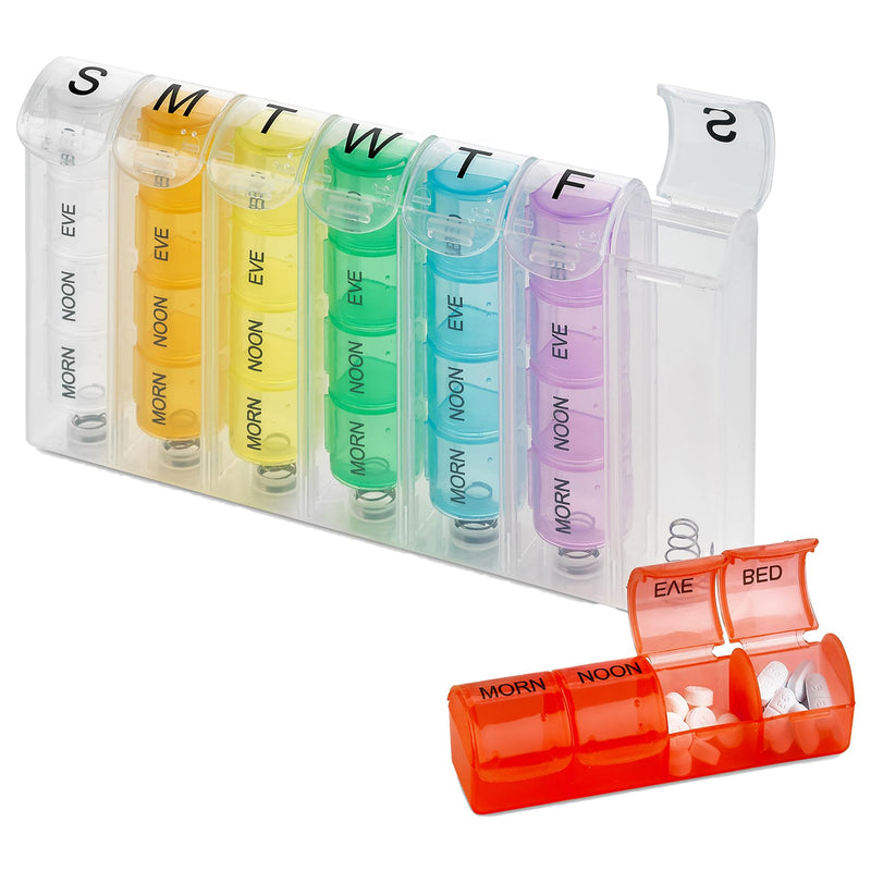 Weekly Pill Organizer - Pill Planners for Pills and Vitamins Day Week, 4 Times-a-Day Medication Reminder, AM PM Compartments Monday to Sunday for Travel or Purse 1 Multi 1 Count (Pack of 1)