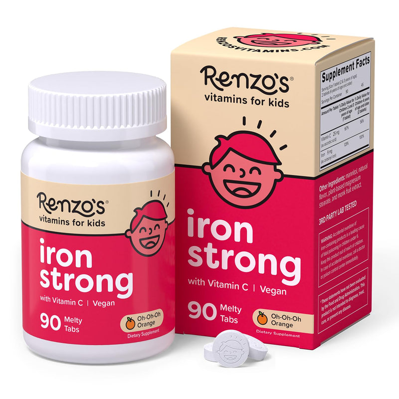 Renzo's Iron Supplements for Kids, Dissolvable Vegan Kids Iron Supplement with Vitamin C, Sugar-Free Melty Tabs, Orange Flavor, 90-Count | 9 mg per tablet, With Vitamin C for Enhanced Absorption, Gentle on the Stomach, Sugar-Free, Orange Flavor, 45-90 ...