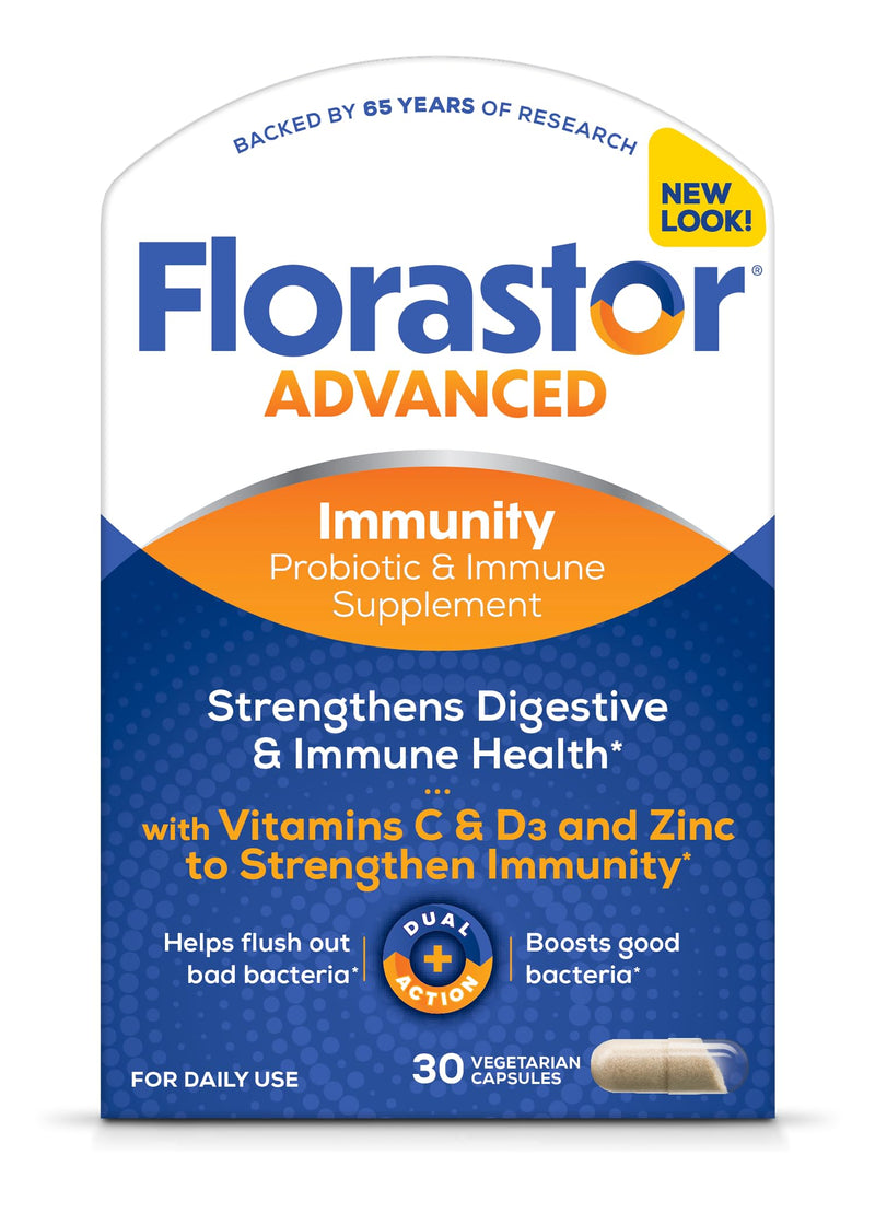 Florastor Advanced Immunity Probiotic, 30 Capsules | Daily Probiotic & Immune Support with Saccharomyces Boulardii Plus Zinc, Vitamin C & D3 30 Count (Pack of 1)