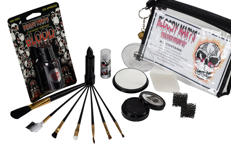 [Australia] - Scary Skeleton Makeup Kit By Bloody Mary - Professional Special Effects Face Makeup Supplies - FX Foundation, Black Blood Lipstick, Eye Shadow, Crayons, Brushes, Blood, Sponge & Case. 