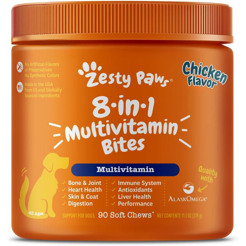 Zesty Paws Dog Multivitamin, Chewable Dog Vitamins and Supplements for Hip & Joints, Skin & Coat, Omega 3 Fish Oil for Dogs- Senior & Puppy Multivitamin- Chicken- 90ct Chicken - 8-in-1 90 Count (Pack of 1)