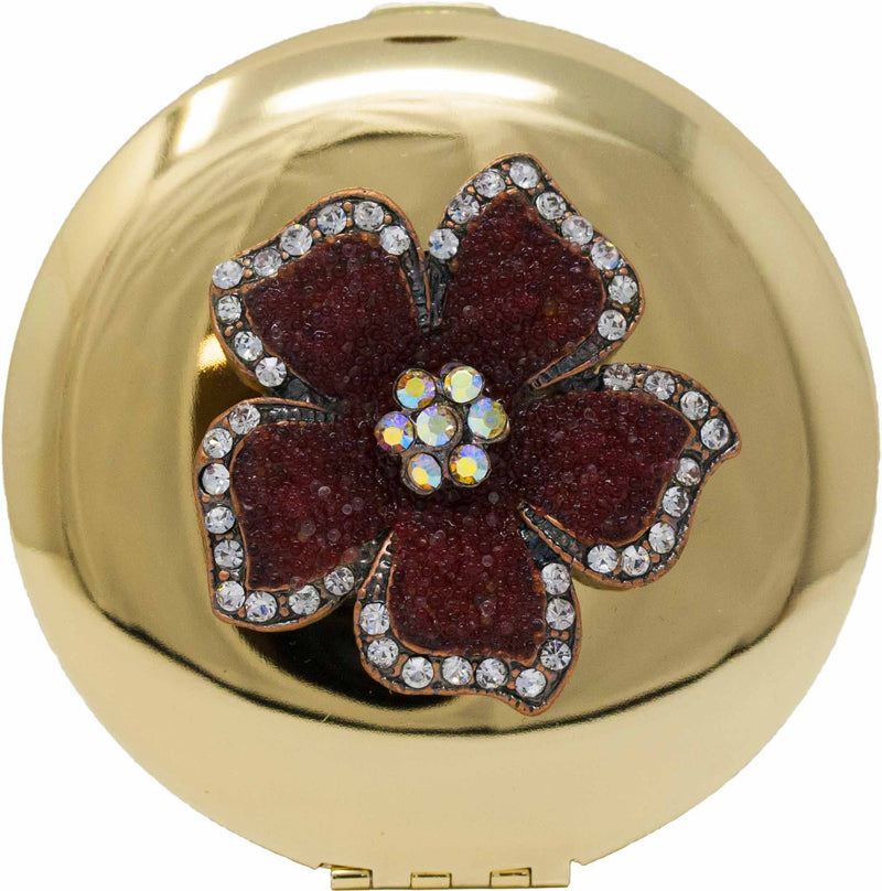 Stephanie Imports Gold Stoned Flower Round Folding Compact Pocket Makeup Mirror Double Sided (5X Magnification + 1x Magnification) in Gift Box